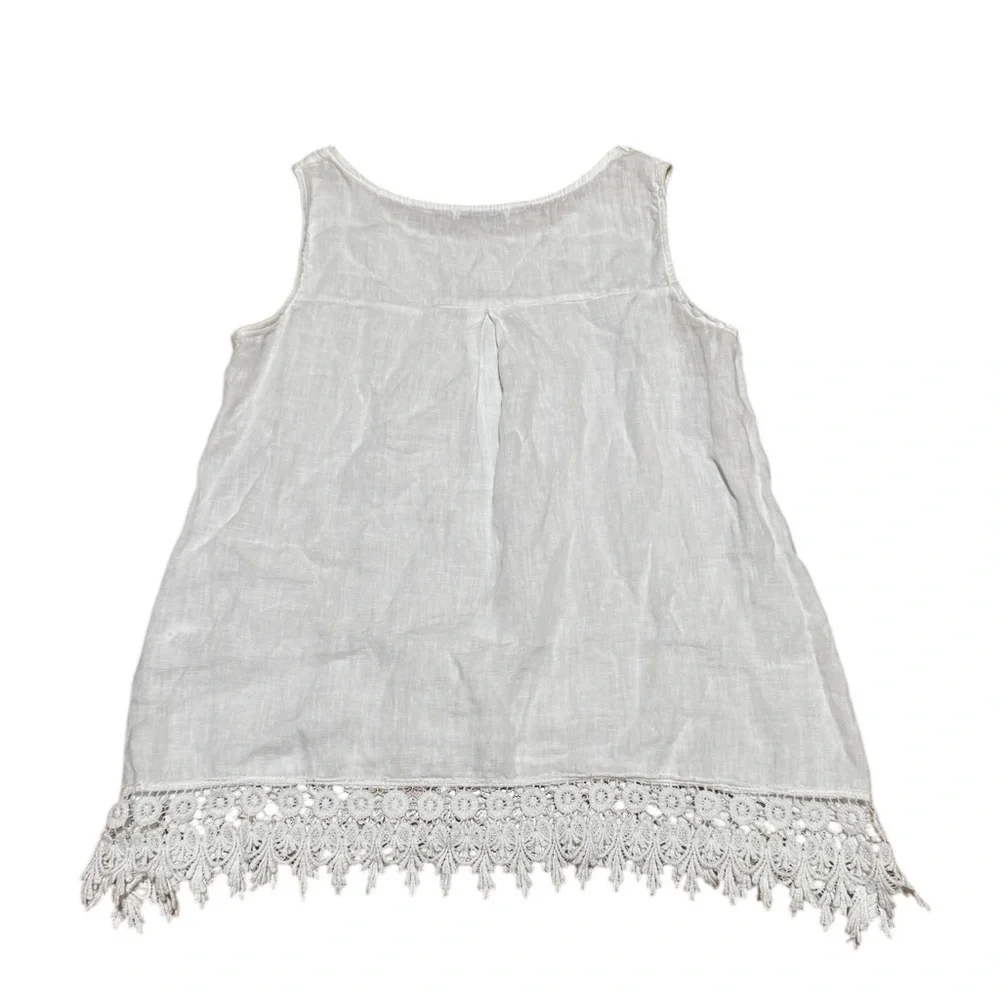 Terzo Millennio White 100% Linen Tank Top Lace Sleeveless Boho Coastal Italy S - Picture 3 of 8